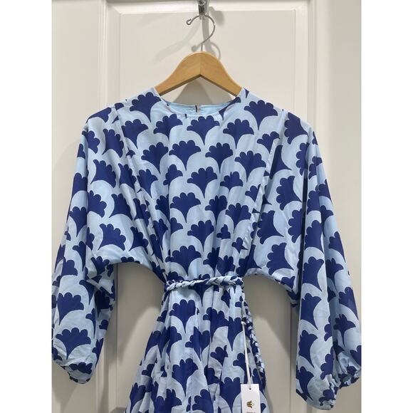 NWT J. Marie Luna Rope Belted Blue mini Dress Ginkgo Leaf Print Sz XS - Picture 2 of 6